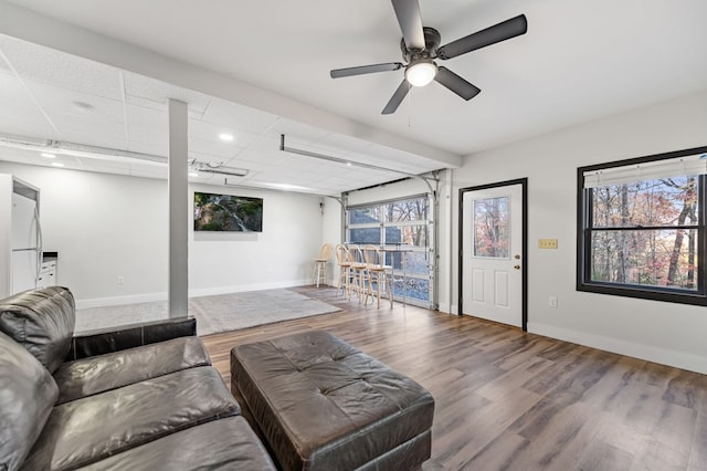 living room featuring hardwood / wood-style flooring and ceiling fan