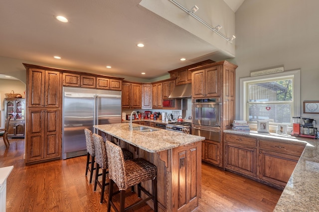 kitchen featuring light stone counters, stainless steel appliances, sink, a center island with sink, and range hood