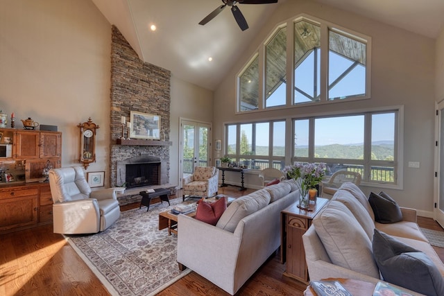 living room with a mountain view, plenty of natural light, high vaulted ceiling, and wood-type flooring