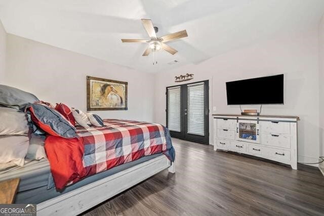 bedroom featuring french doors, dark hardwood / wood-style flooring, and ceiling fan