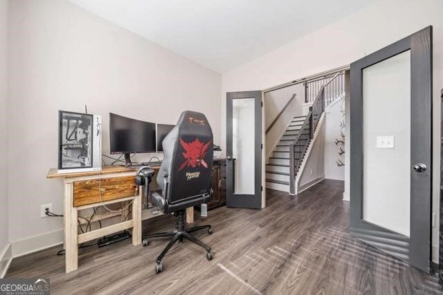 office area featuring hardwood / wood-style floors and french doors