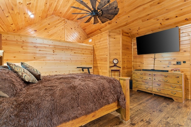 bedroom featuring wood ceiling, lofted ceiling, wooden walls, and dark hardwood / wood-style floors