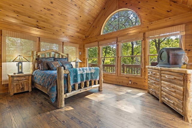 bedroom with high vaulted ceiling, wooden ceiling, hardwood / wood-style flooring, and wooden walls