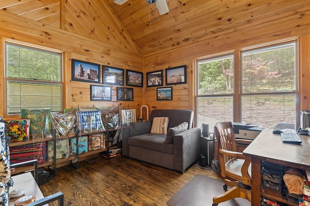 office featuring ceiling fan, wood ceiling, wood walls, high vaulted ceiling, and dark hardwood / wood-style flooring