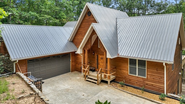 log home with a garage