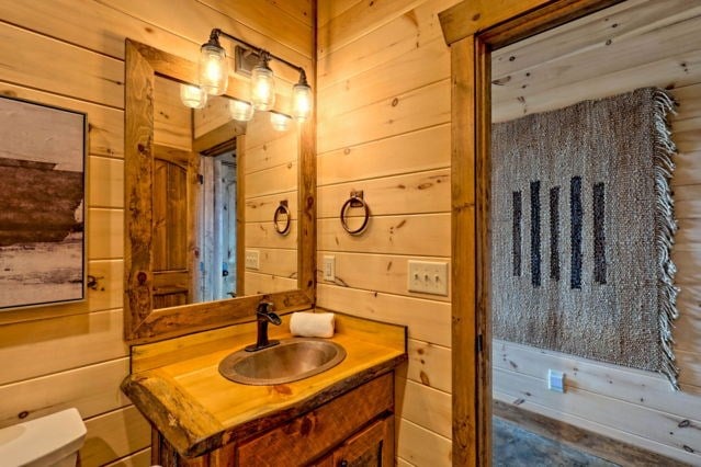 bathroom with toilet, wood walls, and vanity