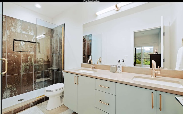 bathroom featuring tile floors, dual vanity, toilet, and a shower with door