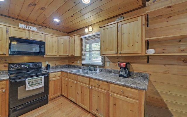 166 Dallas Ln, Blue Ridge, GA 30513 - kitchen featuring light brown cabinetry, light wood-type flooring, a sink, wooden ceiling, and black appliances