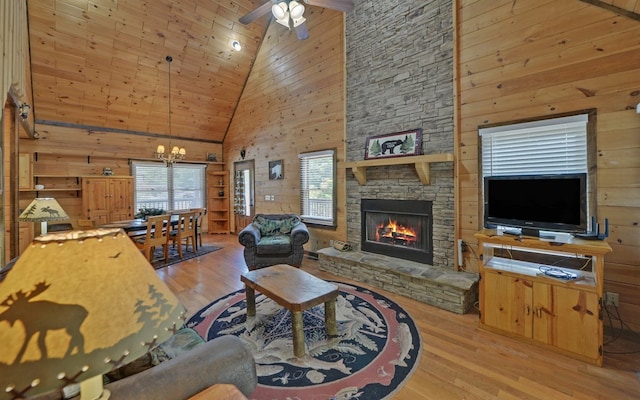 166 Dallas Ln, Blue Ridge, GA 30513 - living area featuring high vaulted ceiling, wood walls, and a healthy amount of sunlight