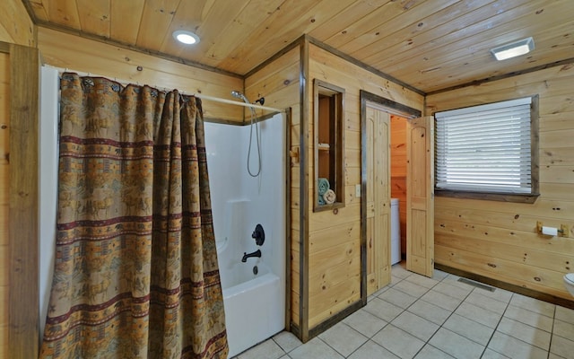 166 Dallas Ln, Blue Ridge, GA 30513 - full bath with tile patterned floors, wood walls, wooden ceiling, and shower / tub combo with curtain