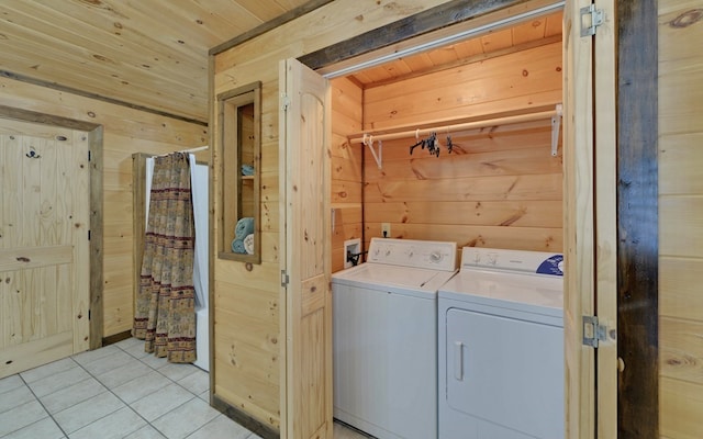 166 Dallas Ln, Blue Ridge, GA 30513 - clothes washing area with laundry area, washing machine and dryer, light tile patterned floors, wooden ceiling, and wooden walls