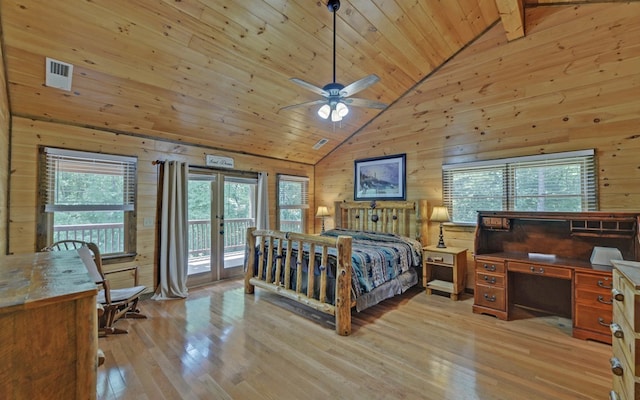 166 Dallas Ln, Blue Ridge, GA 30513 - bedroom featuring light wood-type flooring, wood walls, access to outside, and multiple windows