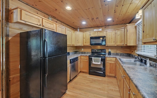 166 Dallas Ln, Blue Ridge, GA 30513 - kitchen with light brown cabinetry, recessed lighting, a sink, light wood finished floors, and black appliances