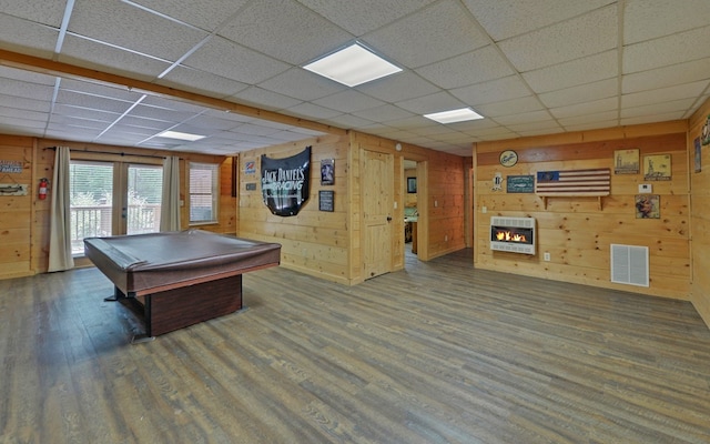166 Dallas Ln, Blue Ridge, GA 30513 - game room featuring visible vents, wood walls, wood finished floors, heating unit, and a drop ceiling