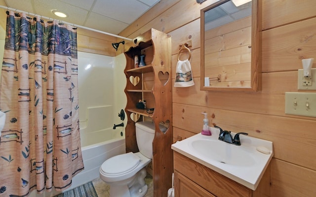 166 Dallas Ln, Blue Ridge, GA 30513 - full bath featuring vanity, shower / bath combination with curtain, toilet, wooden walls, and tile patterned floors