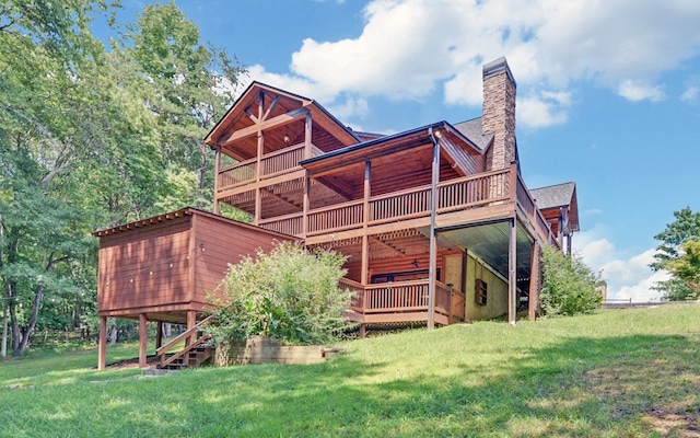 166 Dallas Ln, Blue Ridge, GA 30513 - rear view of property with a yard, a wooden deck, stairs, and a chimney