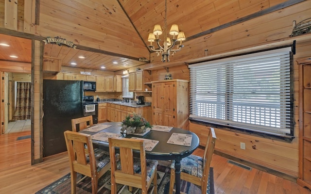 166 Dallas Ln, Blue Ridge, GA 30513 - dining space with a notable chandelier, wood walls, lofted ceiling, visible vents, and wood ceiling