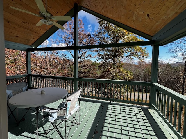 wooden terrace featuring ceiling fan