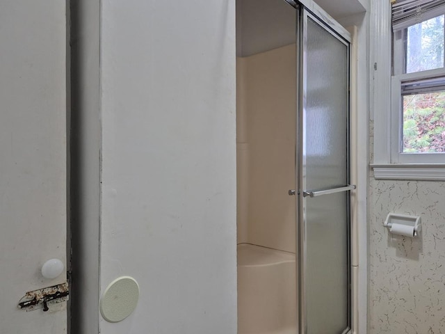 bathroom featuring plenty of natural light and a shower with shower door