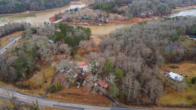 birds eye view of property with a water view and a forest view