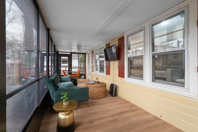 sunroom featuring a ceiling fan