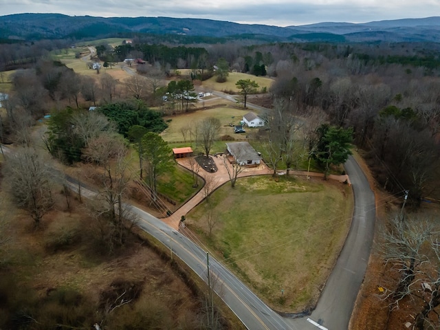 birds eye view of property with a mountain view and a rural view