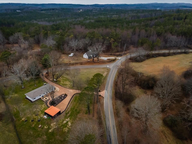 birds eye view of property featuring a wooded view