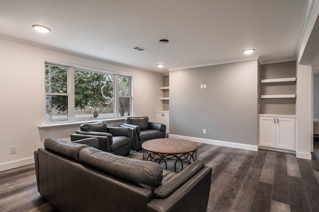 living room featuring baseboards, visible vents, ornamental molding, dark wood-type flooring, and built in shelves