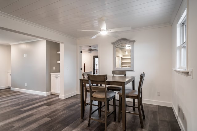 dining space featuring ornamental molding, dark wood-style flooring, a healthy amount of sunlight, and baseboards