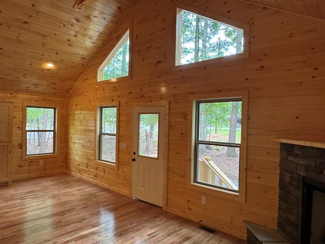 151 Martins Creek Ridge Rd, Murphy, NC 28906 - unfurnished living room with wooden walls, plenty of natural light, light wood-style flooring, high vaulted ceiling, and wooden ceiling