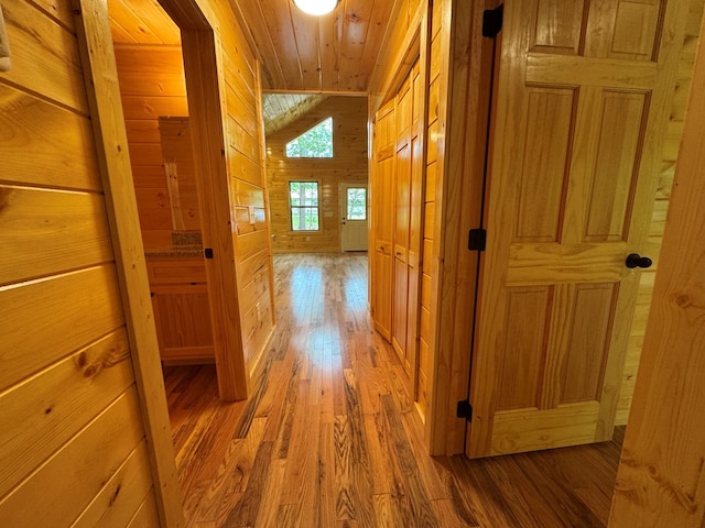 151 Martins Creek Ridge Rd, Murphy, NC 28906 - hallway with wood finished floors, vaulted ceiling, wood walls, and wooden ceiling