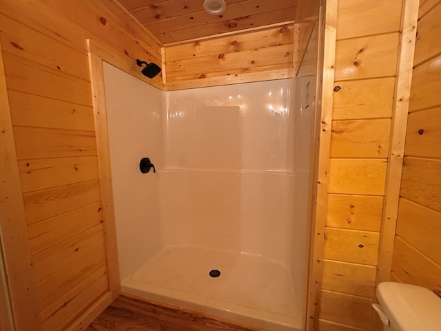 151 Martins Creek Ridge Rd, Murphy, NC 28906 - full bath with wooden walls, a shower stall, wood finished floors, and toilet