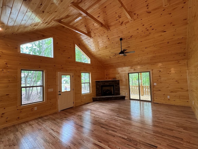 151 Martins Creek Ridge Rd, Murphy, NC 28906 - unfurnished living room with wood ceiling, high vaulted ceiling, wooden walls, hardwood / wood-style floors, and a fireplace
