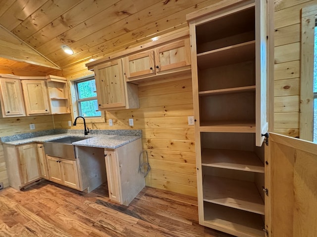 151 Martins Creek Ridge Rd, Murphy, NC 28906 - kitchen with open shelves, a sink, light brown cabinetry, wood ceiling, and light wood-style flooring