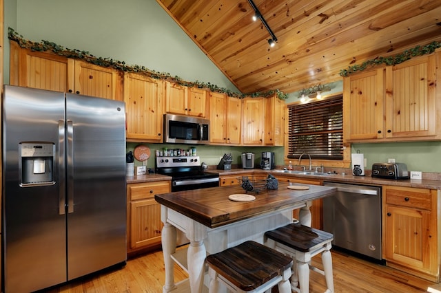 kitchen featuring lofted ceiling, sink, wooden ceiling, appliances with stainless steel finishes, and light hardwood / wood-style floors