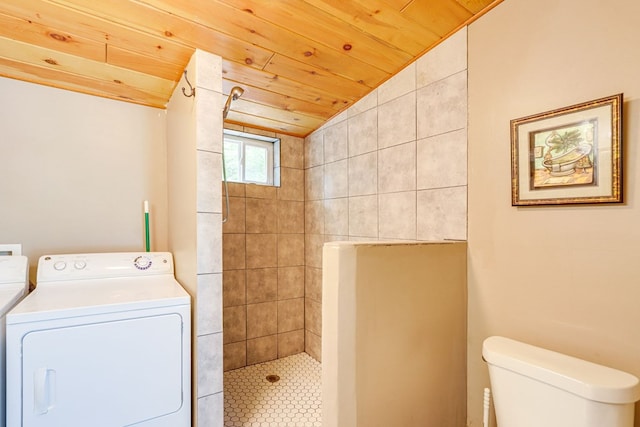 clothes washing area with washer / clothes dryer and wood ceiling