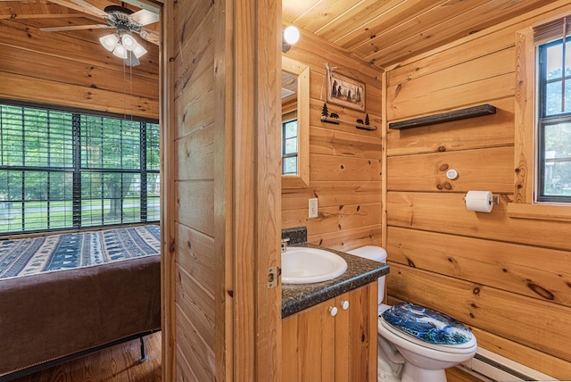 93 Lazy Bear Trl, Andrews, NC 28901 - bathroom featuring vanity, wood walls, toilet, a ceiling fan, and baseboard heating
