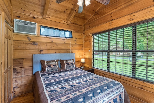 93 Lazy Bear Trl, Andrews, NC 28901 - bedroom featuring wooden walls, wooden ceiling, and an AC wall unit