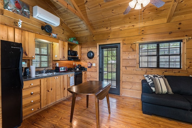 93 Lazy Bear Trl, Andrews, NC 28901 - kitchen featuring black appliances, a wall mounted air conditioner, a sink, wood ceiling, and dark countertops
