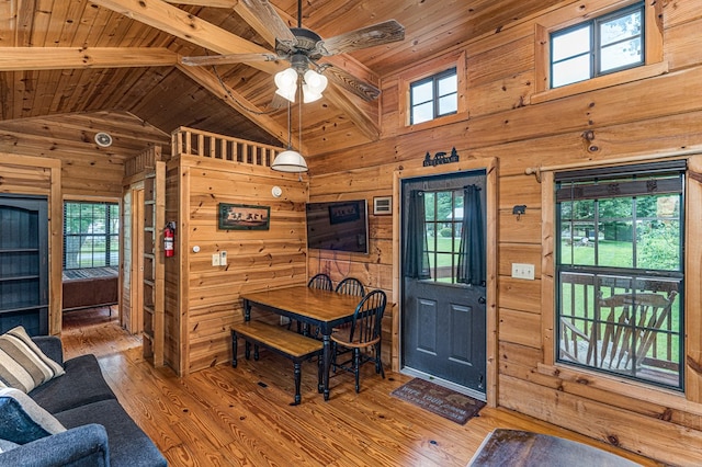 93 Lazy Bear Trl, Andrews, NC 28901 - dining area featuring wooden walls, wooden ceiling with exposed beams, wood-type flooring, ceiling fan, and high vaulted ceiling