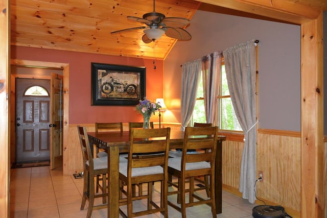 115 Black Oak Ridge Rd, Blue Ridge, GA 30513 - dining area featuring a wainscoted wall, lofted ceiling, light tile patterned flooring, wood ceiling, and ceiling fan