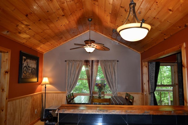115 Black Oak Ridge Rd, Blue Ridge, GA 30513 - dining space with wainscoting, lofted ceiling, plenty of natural light, wooden ceiling, and wooden walls