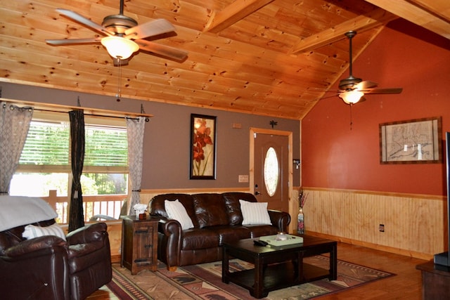 115 Black Oak Ridge Rd, Blue Ridge, GA 30513 - living area with a ceiling fan, wood ceiling, wood finished floors, a wainscoted wall, and wood walls