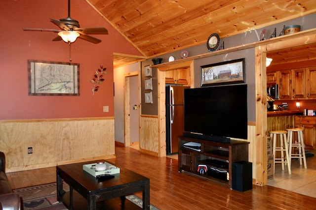 115 Black Oak Ridge Rd, Blue Ridge, GA 30513 - living area with a wainscoted wall, a ceiling fan, wood finished floors, vaulted ceiling, and wood ceiling