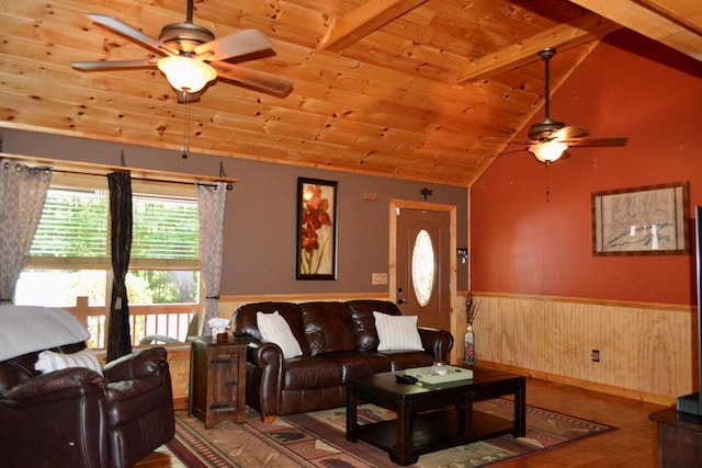 115 Black Oak Ridge Rd, Blue Ridge, GA 30513 - living room featuring ceiling fan, wood ceiling, wood finished floors, wainscoting, and wooden walls