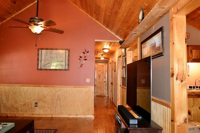 115 Black Oak Ridge Rd, Blue Ridge, GA 30513 - kitchen featuring a wainscoted wall, hardwood / wood-style flooring, lofted ceiling, wood ceiling, and ceiling fan