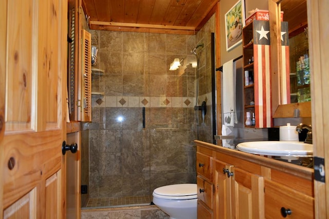 115 Black Oak Ridge Rd, Blue Ridge, GA 30513 - bathroom featuring vanity, a stall shower, toilet, and wooden ceiling