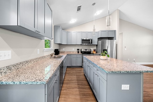 kitchen with appliances with stainless steel finishes, visible vents, a center island, gray cabinetry, and dark wood-style floors