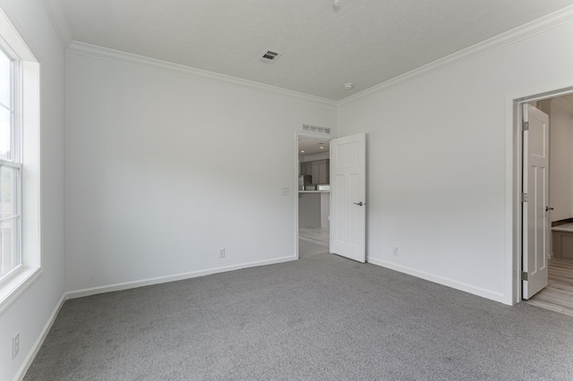 unfurnished bedroom with a textured ceiling, carpet floors, and crown molding