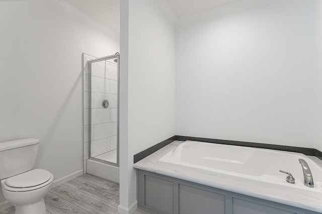 bathroom with crown molding, hardwood / wood-style floors, independent shower and bath, and toilet